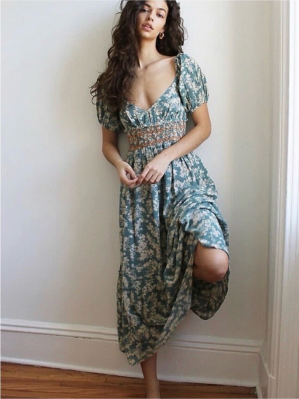 Free People Teal Green Floral Midi Dress with Smocked Waist